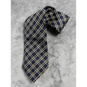 Eagle Shirtmakers Mens Navy Blue Gold Plaid Silk Necktie Hand Made Business Tie